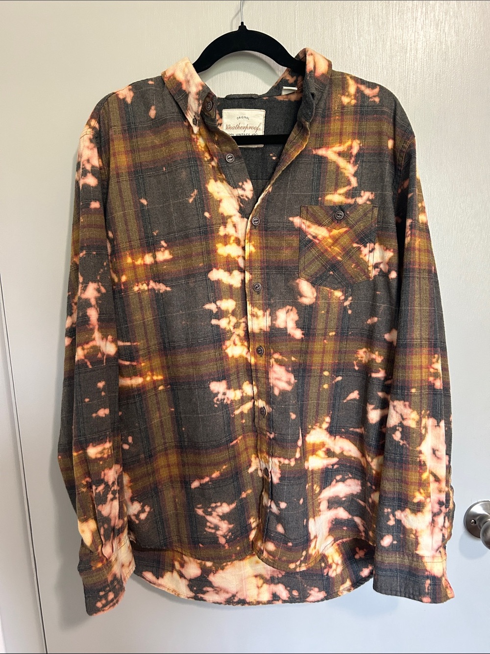 Vintage Weatherproof Gray and Peach Bleached Plaid Flannel Shirt Grunge Bleach
